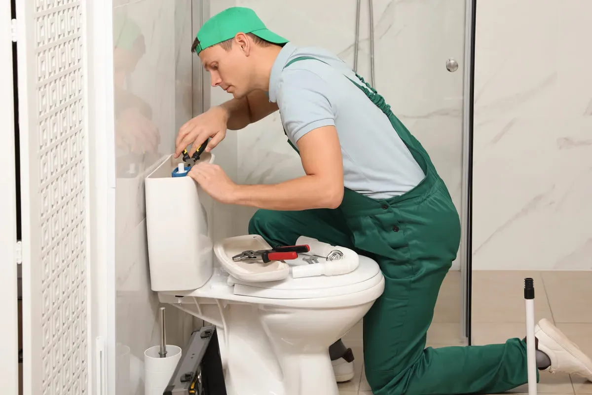Professional plumber fixing toilet